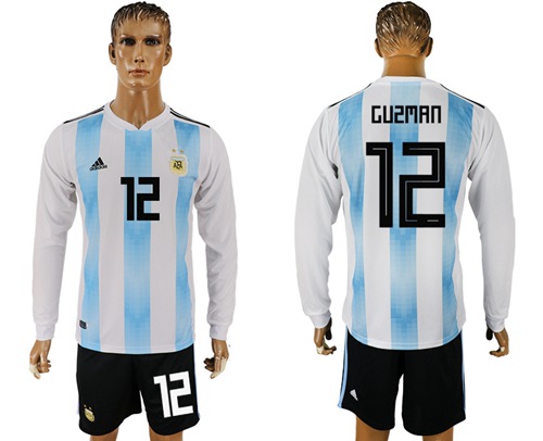 Argentina #12 Guzman Home Long Sleeves Soccer Country Jersey - Click Image to Close
